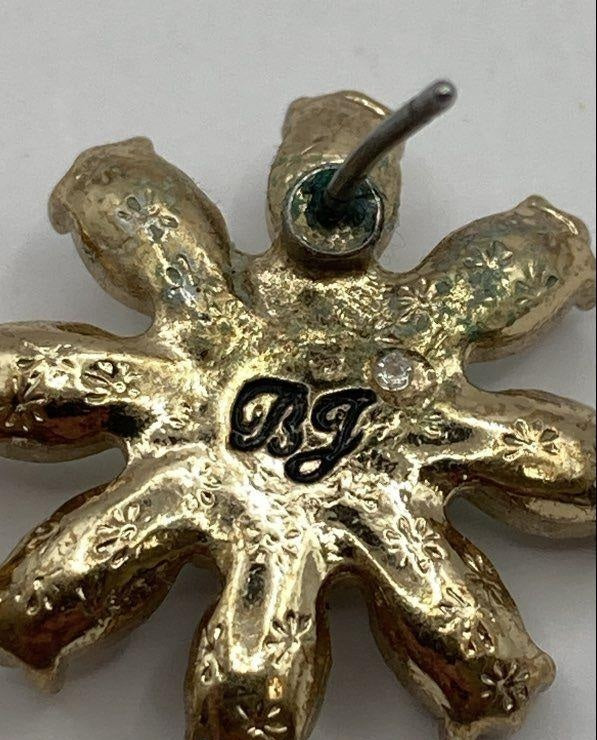 Gold-tone daisy post earrings with iridescent crystal-style petals and yellow rhinestone centers, view 7