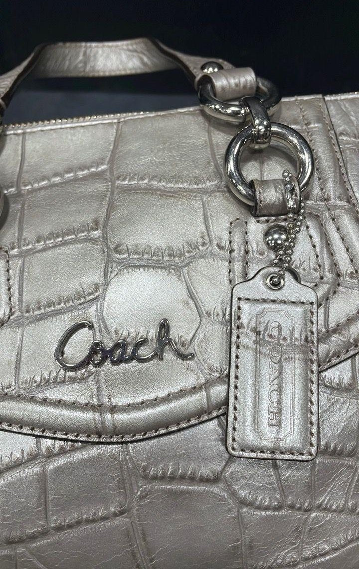 2012 Coach Ashley F20346 Metallic Silver Croc Embossed Leather Satchel