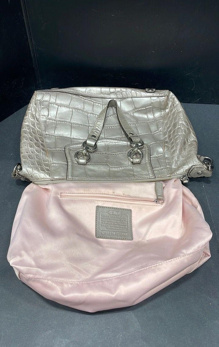 2012 Coach Ashley F20346 Metallic Silver Croc Embossed Leather Satchel