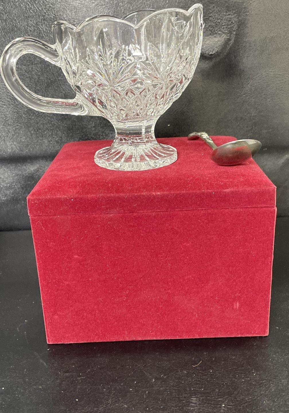 Clear pressed glass footed handled compote with silver-tone ladle and red box, view 2