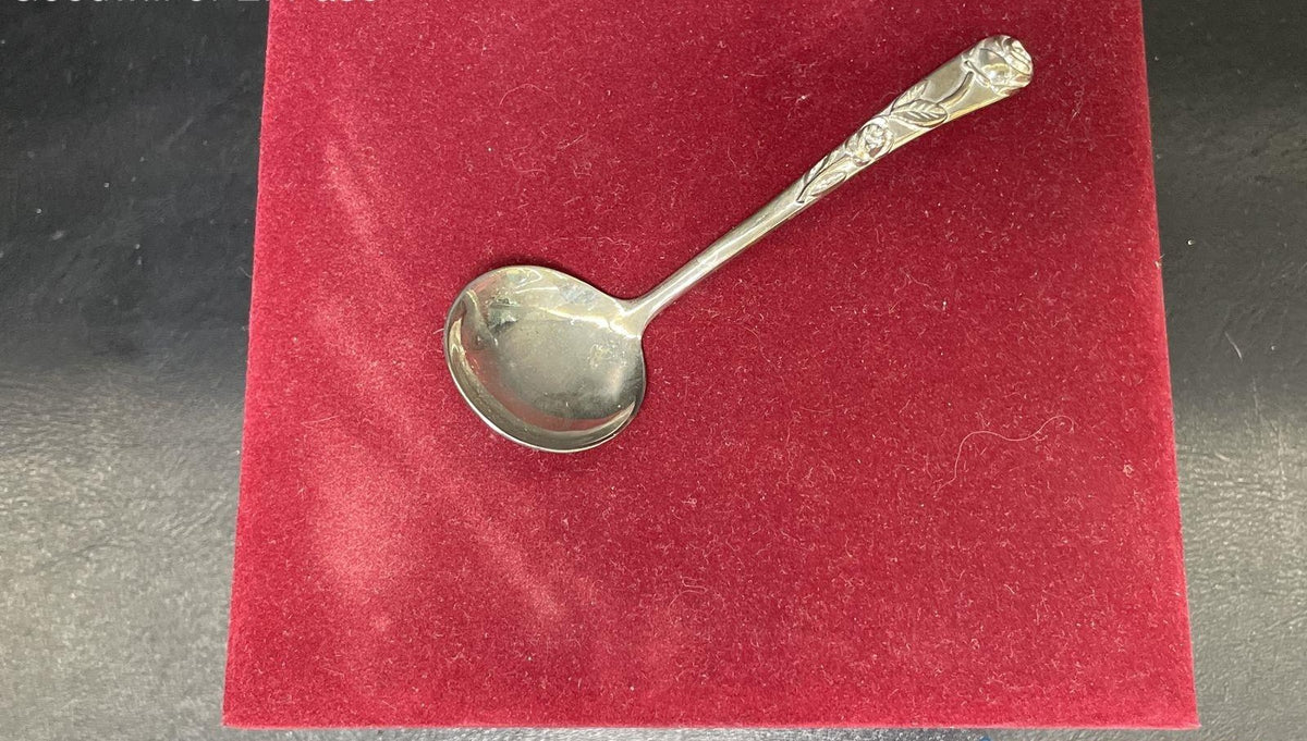 Clear pressed glass footed handled compote with silver-tone ladle and red box, view 3