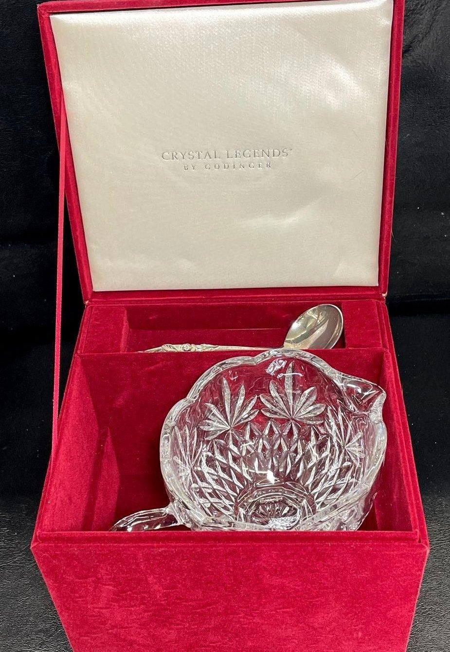 Clear pressed glass footed handled compote with silver-tone ladle and red box, view 6