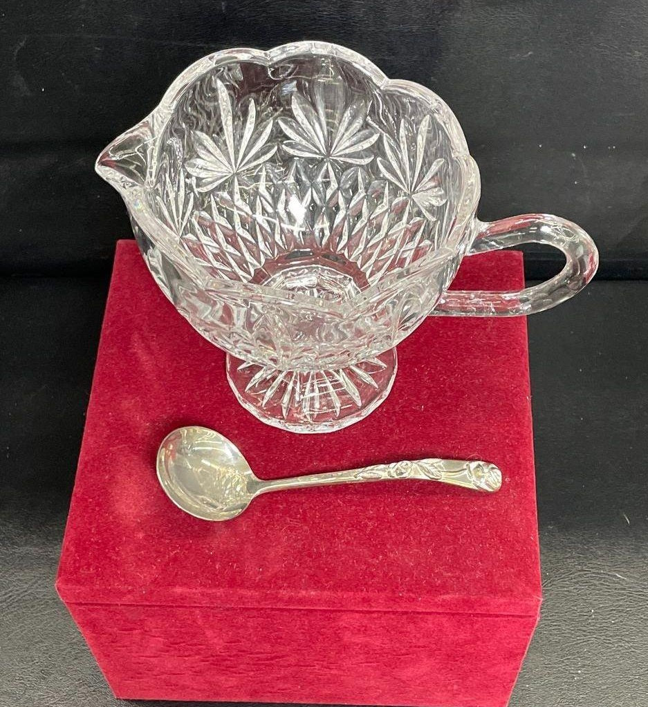 Clear pressed glass footed handled compote with silver-tone ladle and red box, view 7