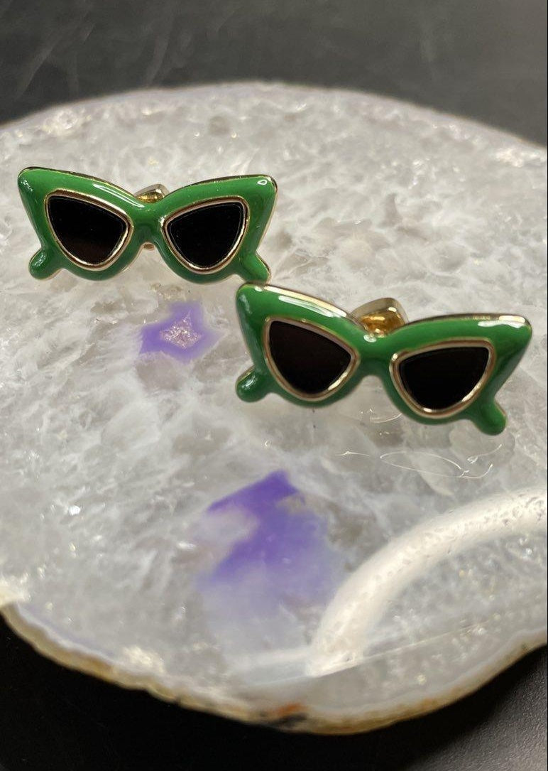 Green Enamel Cat-Eye Sunglasses Stud Earrings Gold Tone Novelty Retro Style