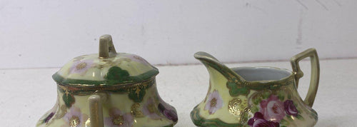 1900s–1920s Hand Painted Floral Design Footed Green Pink Porcelain Sugar Bowl & Creamer
