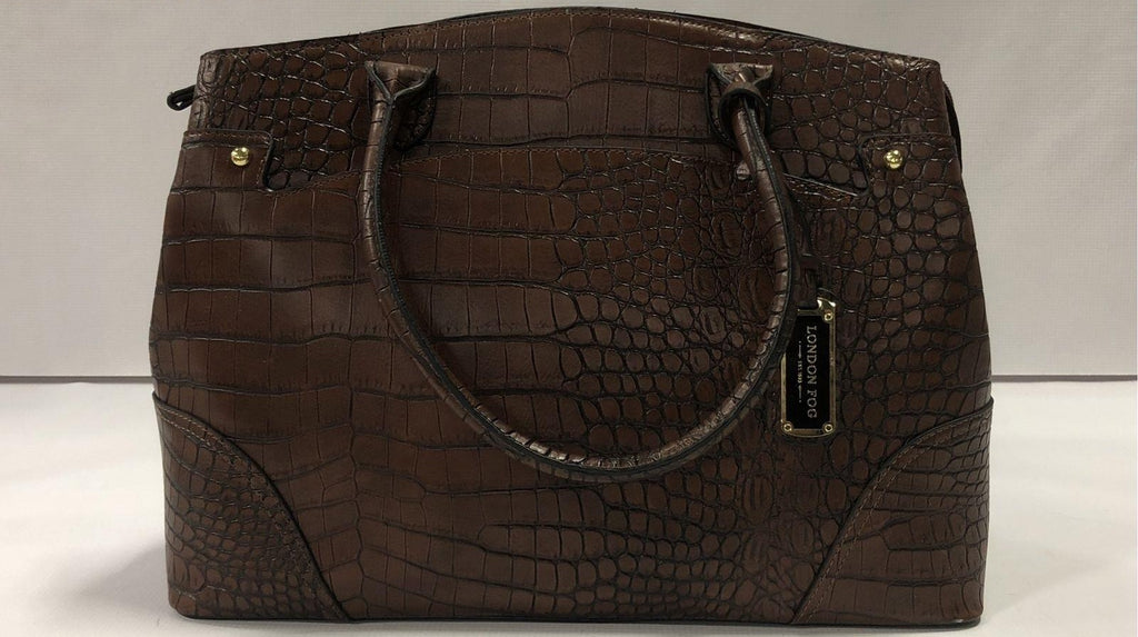 London Fog Mahogany Croc Embossed Satchel Bag, Brown Faux Leather Structured Handbag
