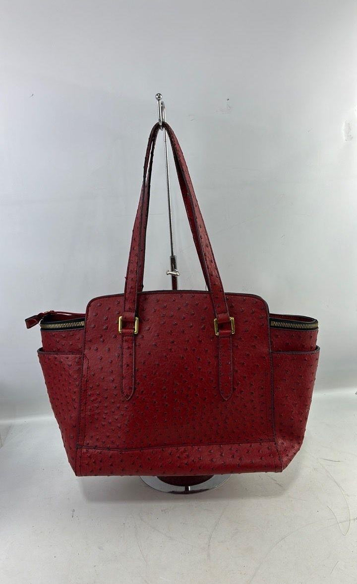 London Fog Red Faux Ostrich Tote Bag, Structured Shoulder Purse with Gold Tone Hardware