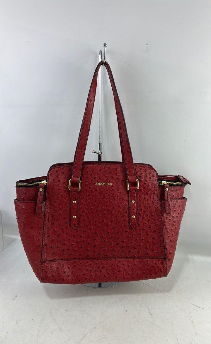 London Fog Red Faux Ostrich Tote Bag, Structured Shoulder Purse with Gold Tone Hardware
