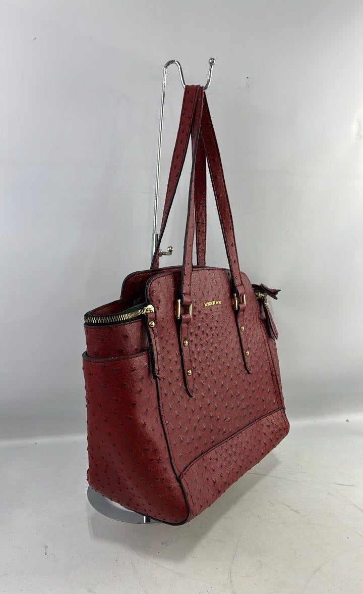 London Fog Red Faux Ostrich Tote Bag, Structured Shoulder Purse with Gold Tone Hardware