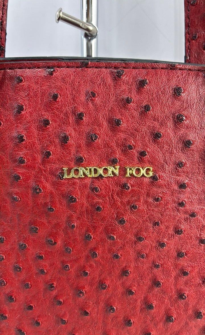London Fog Red Faux Ostrich Tote Bag, Structured Shoulder Purse with Gold Tone Hardware
