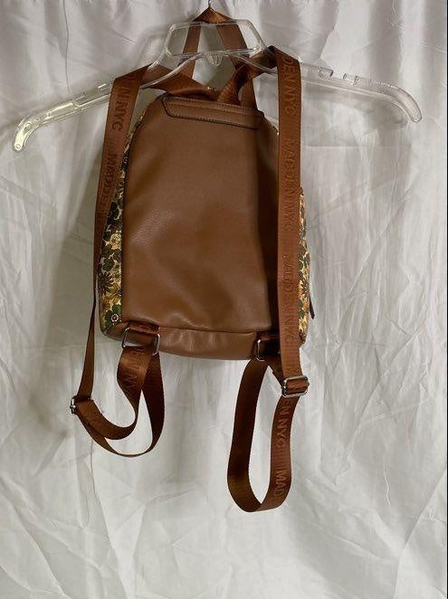 Multicolor floral tapestry backpack with brown faux leather trim and top handle, view 3
