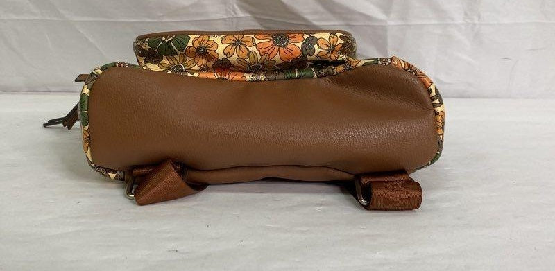 Multicolor floral tapestry backpack with brown faux leather trim and top handle, view 5