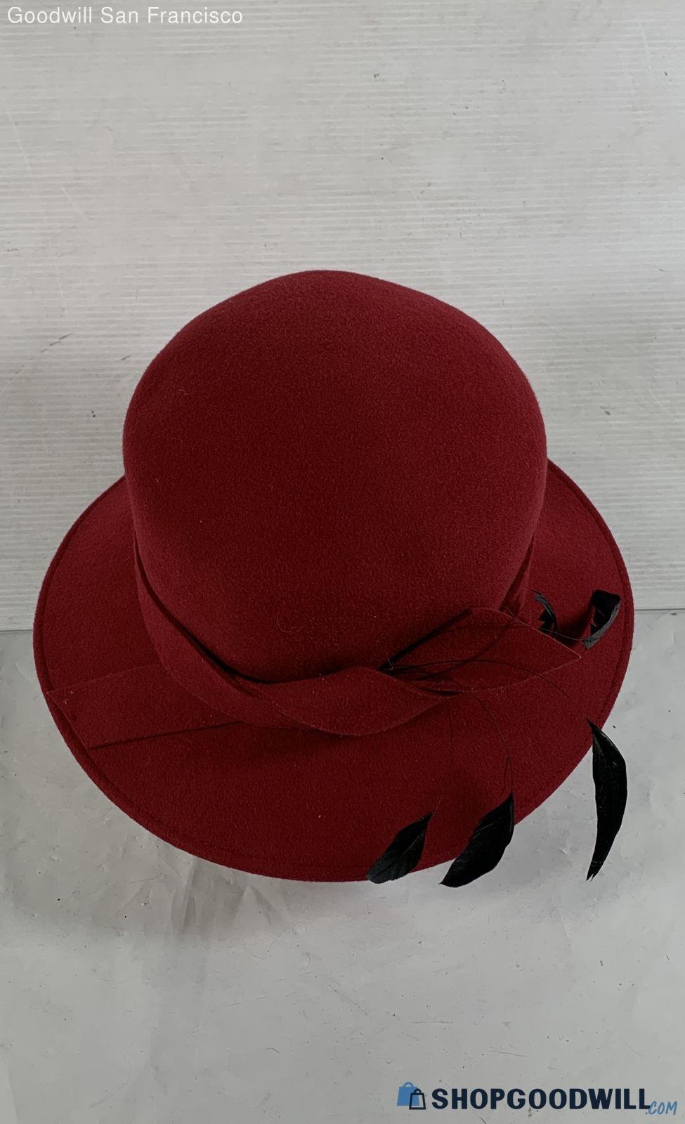 Red wool felt cloche hat with black ribbon and feather trim, view 3