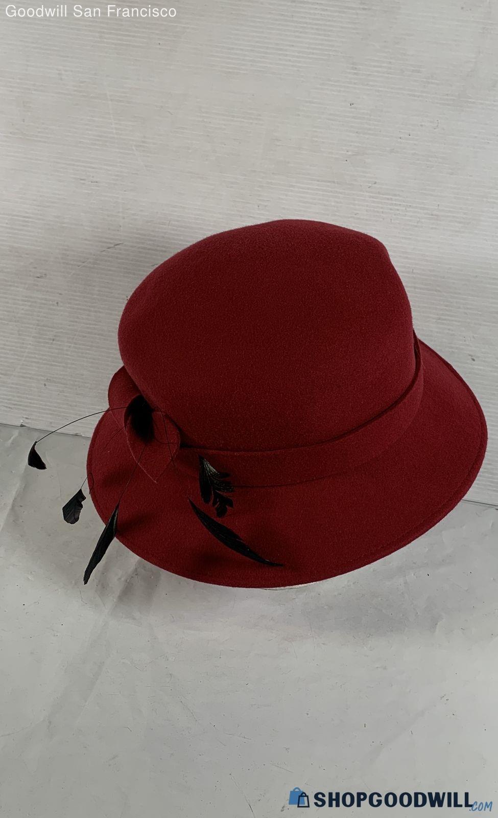 Red wool felt cloche hat with black ribbon and feather trim, view 4