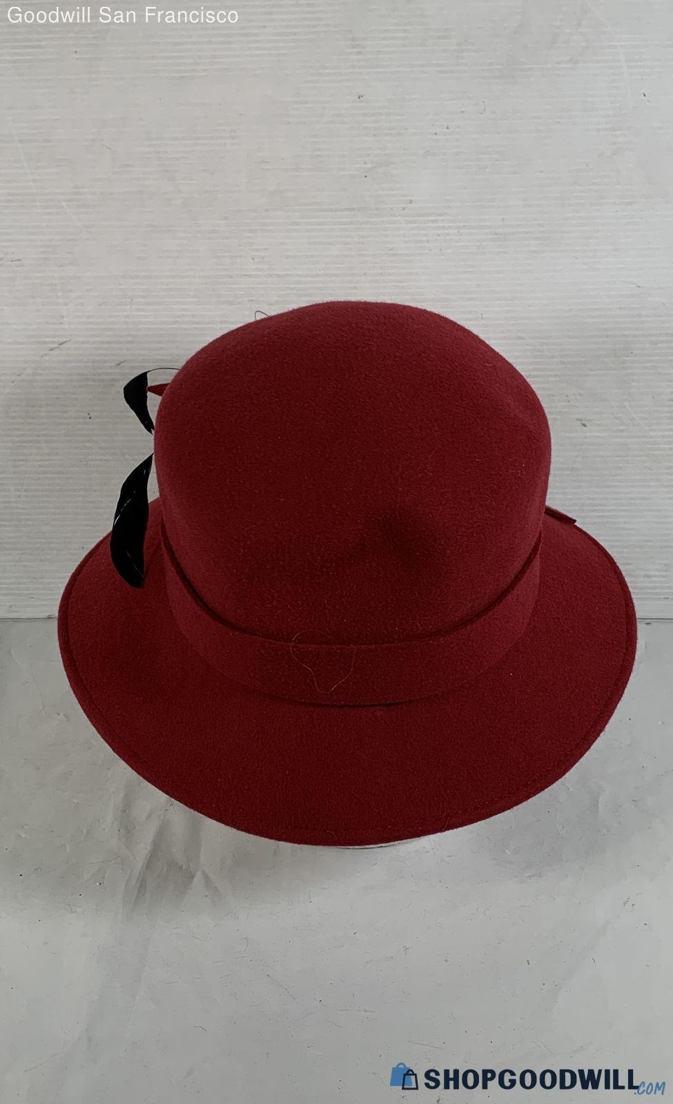 Red wool felt cloche hat with black ribbon and feather trim, view 5