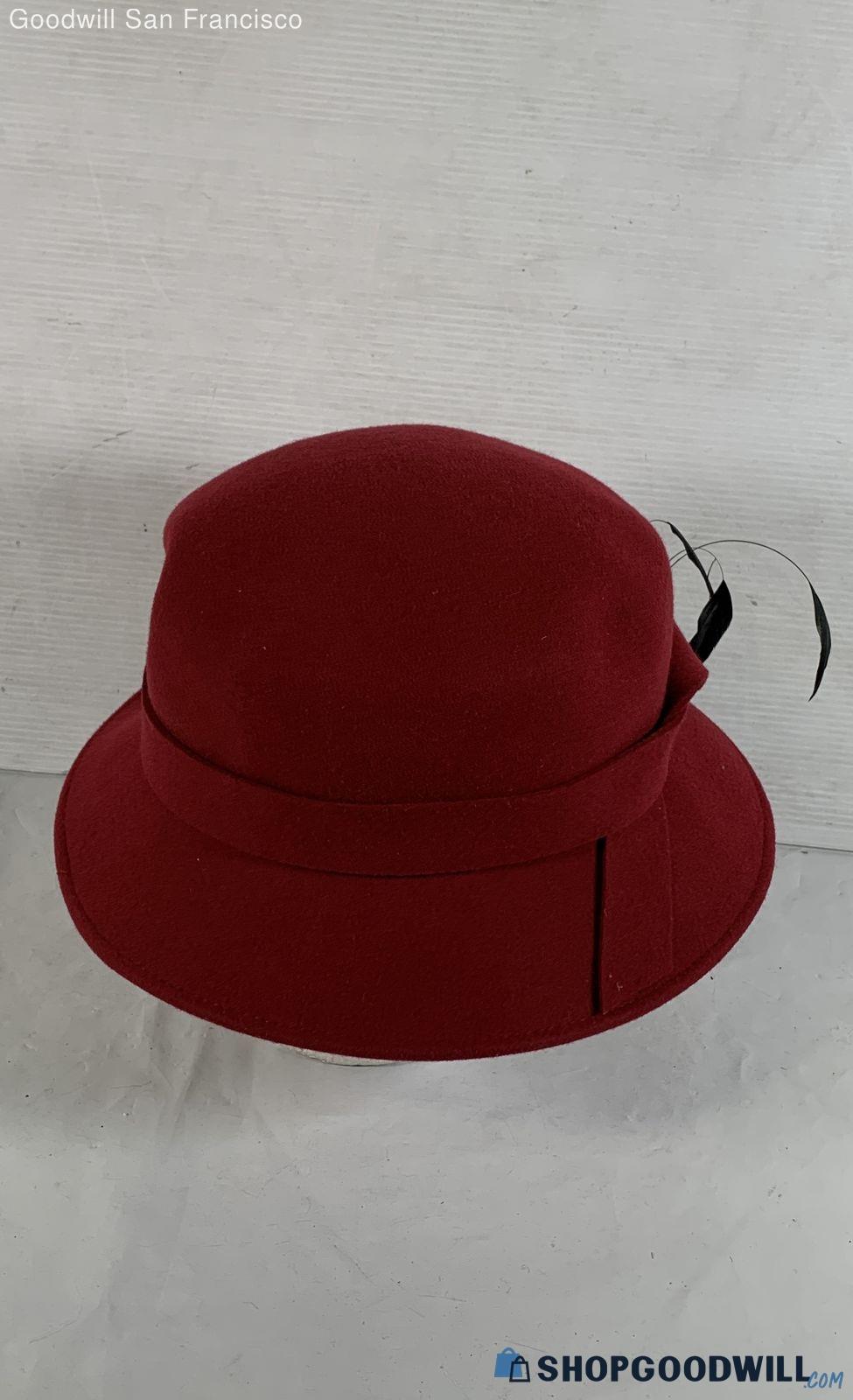 Red Wool Felt Cloche Hat with Black Feather & Ribbon Trim, Classic Women’s Dress Hat