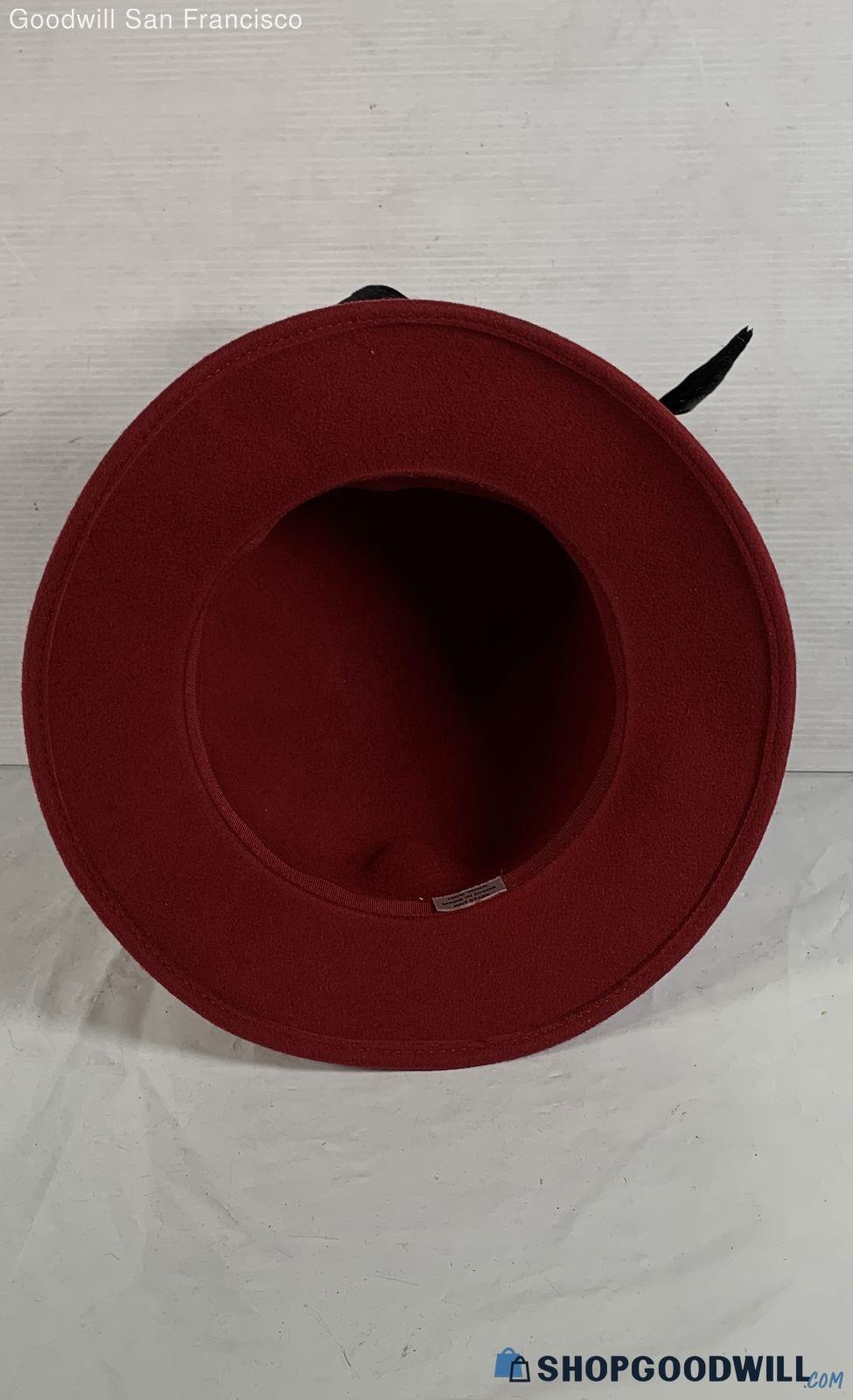 Red wool felt cloche hat with black ribbon and feather trim, view 7