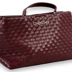 bebe Yara Burgundy Woven Satchel Bag, Small Structured Top Handle Handbag  Description