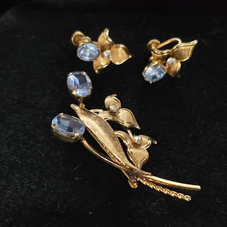 Signed Van Dell floral brooch and screw-back earrings with blue rhinestones and faux pearls, view 2