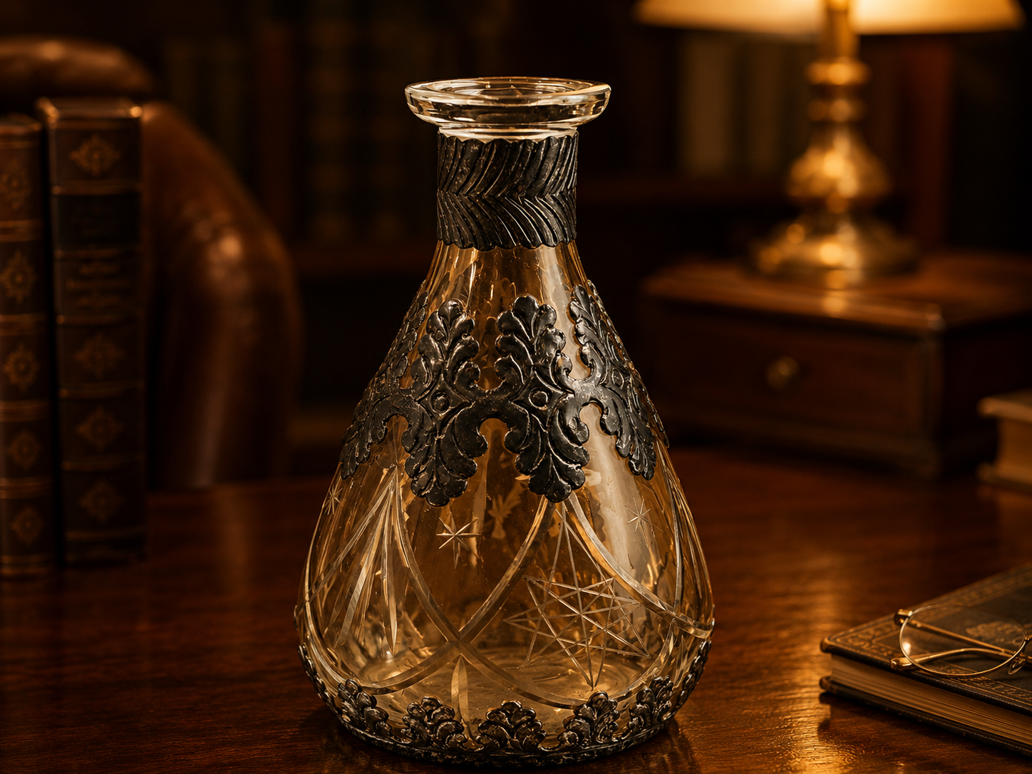 Vintage German Smoky Cut Glass Decanter with Silver Overlay | Heavy Decorative Bottle