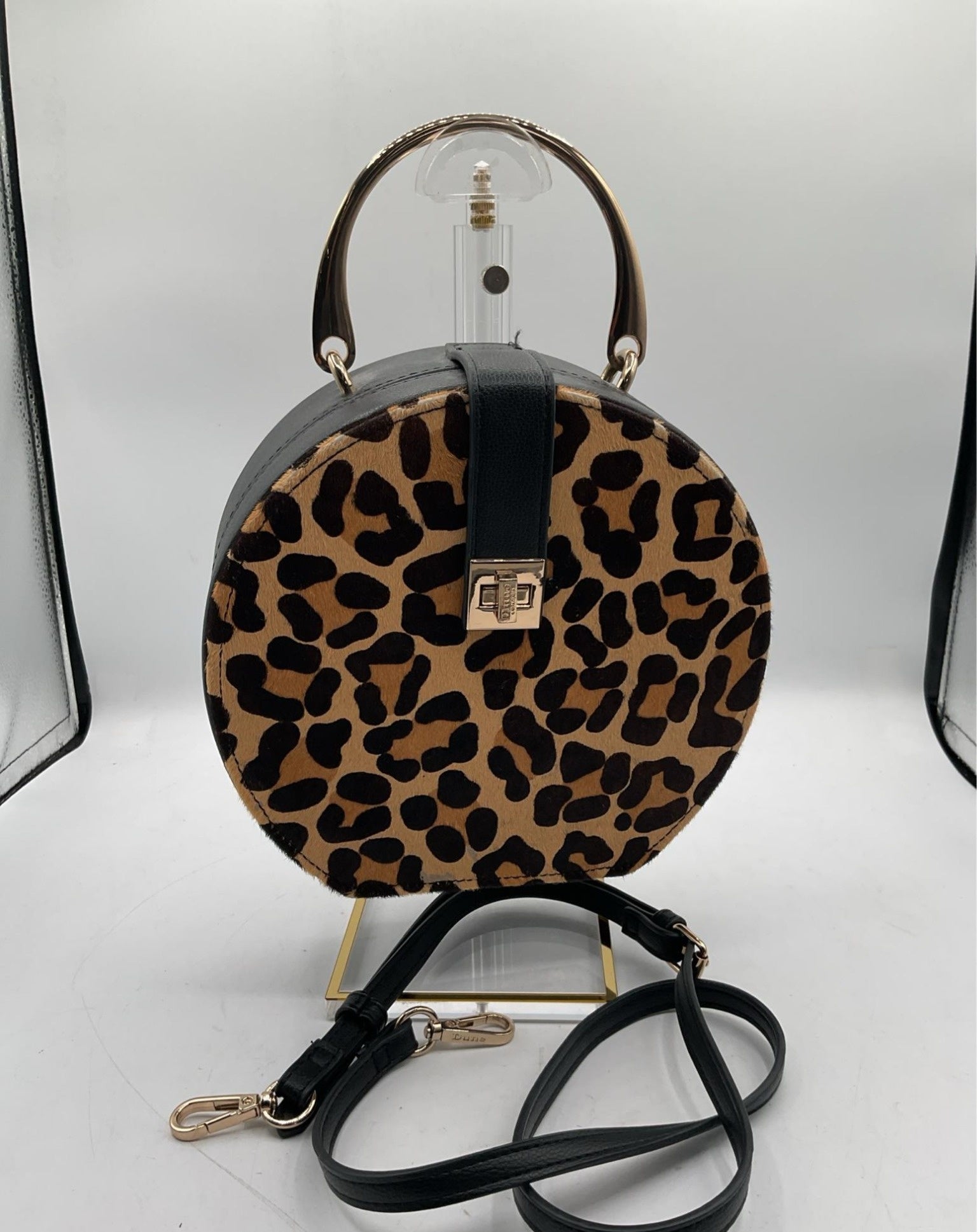 Dune London Circular Leopard Print Handbag Black Strap Round Crossbody Purse