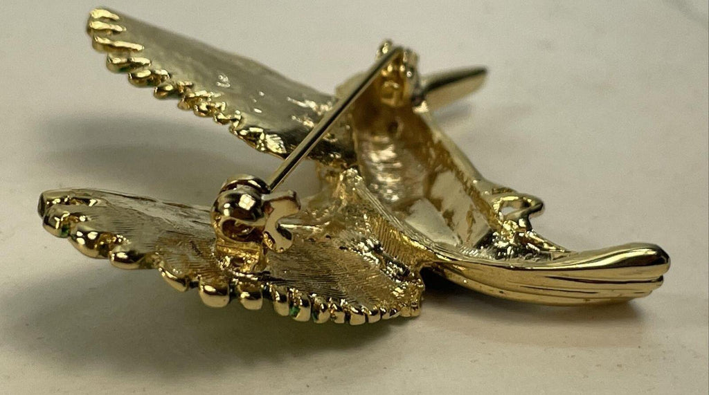 Vintage Gold Tone Hummingbird Brooch Pin with Green & Blue Enamel | Colorful Glass Gem Figural Bird Jewelry