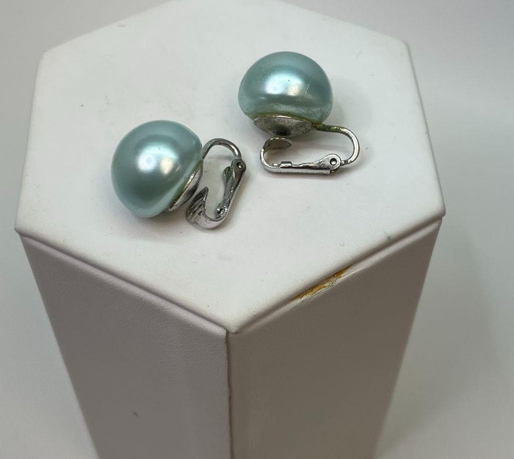 Marvella Light Blue Faux Pearl Clip-On Earrings Gold Tone | Vintage Designer Button Earrings 7.7g