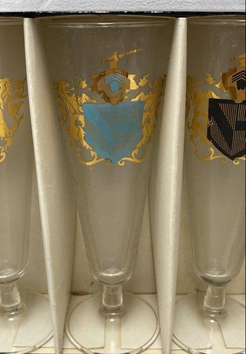 Vintage 1968 Federal Glass Camelot Coat of Arms Pilsner Glasses Boxed Set of 4