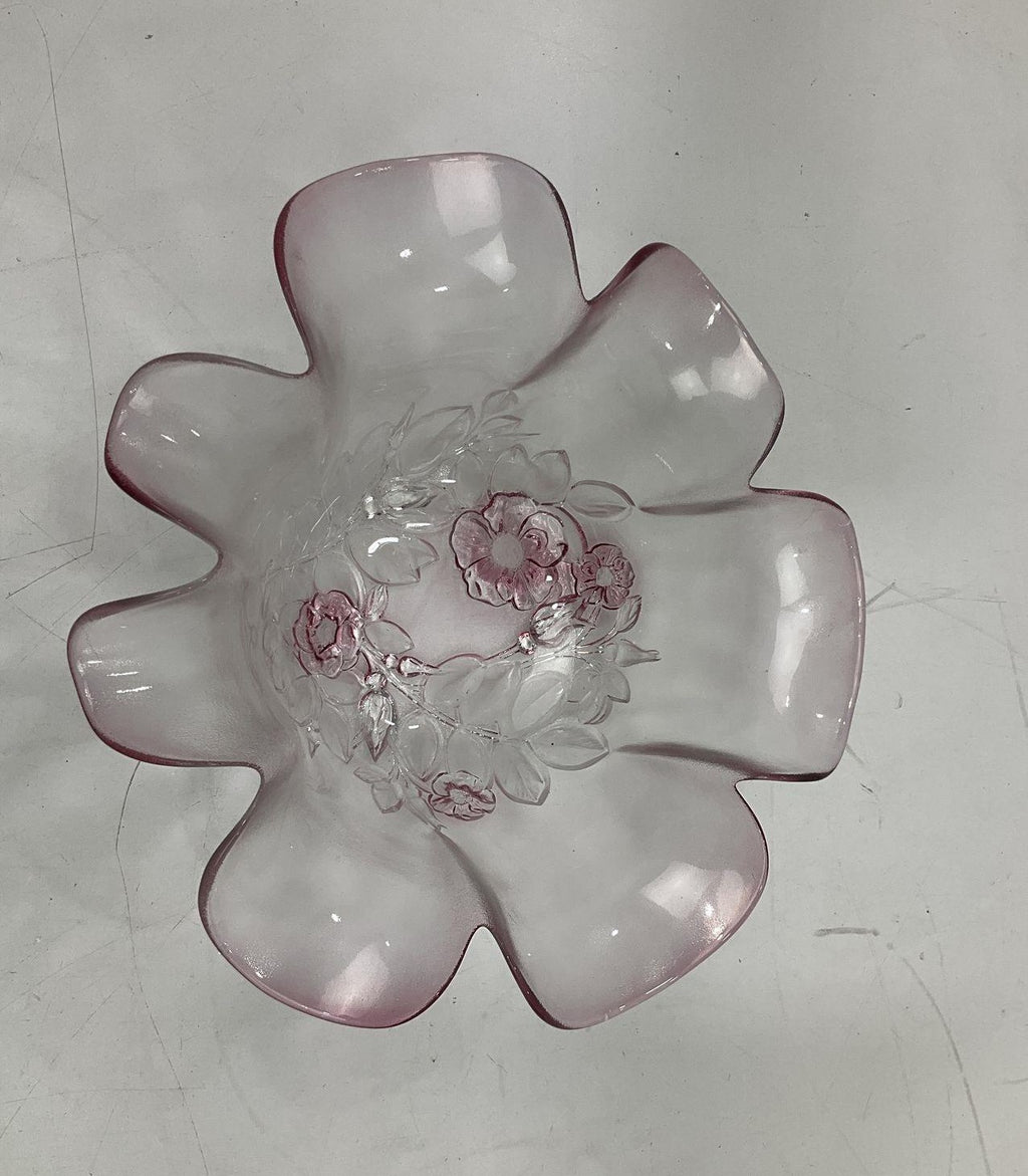 Vintage Pink Swirl Art Glass Flower Bowl Ruffled Petal Centerpiece Dish