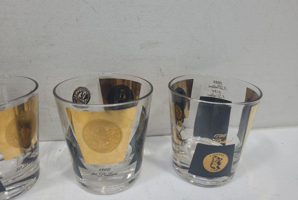 1960s Coin Barware Glasses Set of 6 – Gold & Black