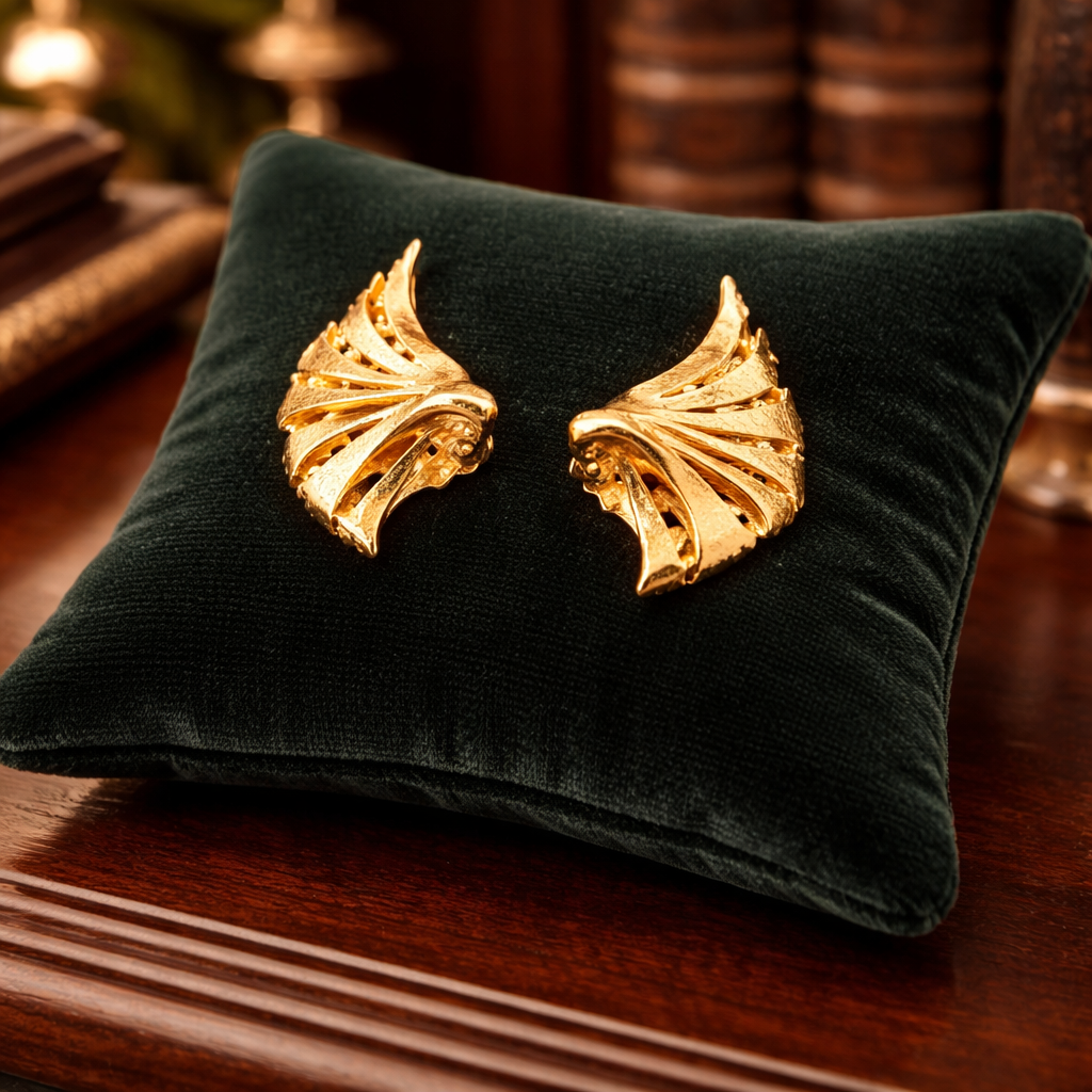 Sculptural gold-tone fan motif clip-on earrings with openwork and layered texture