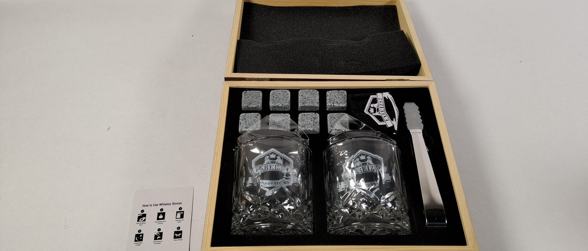 Whiskey stones bar kit with two glasses and accessories in fitted wood-look gift box, view 4