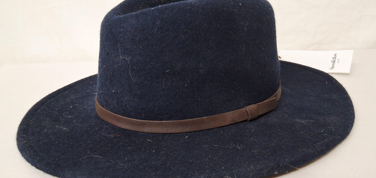 Goodfellow and Co navy wool fedora with brown hat band, view 4
