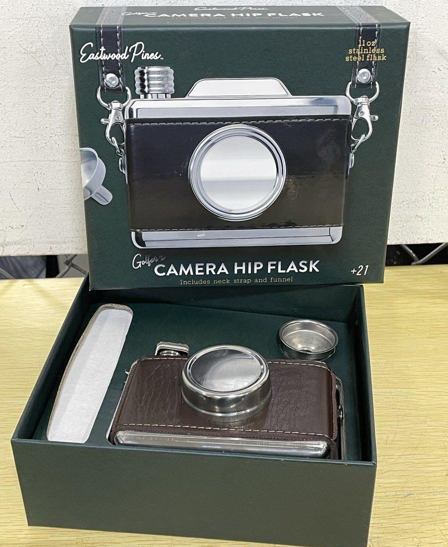 JME and Co Golfer’s Camera Hip Flask Set | Stainless Steel 11 oz Flask with Strap and Funnel