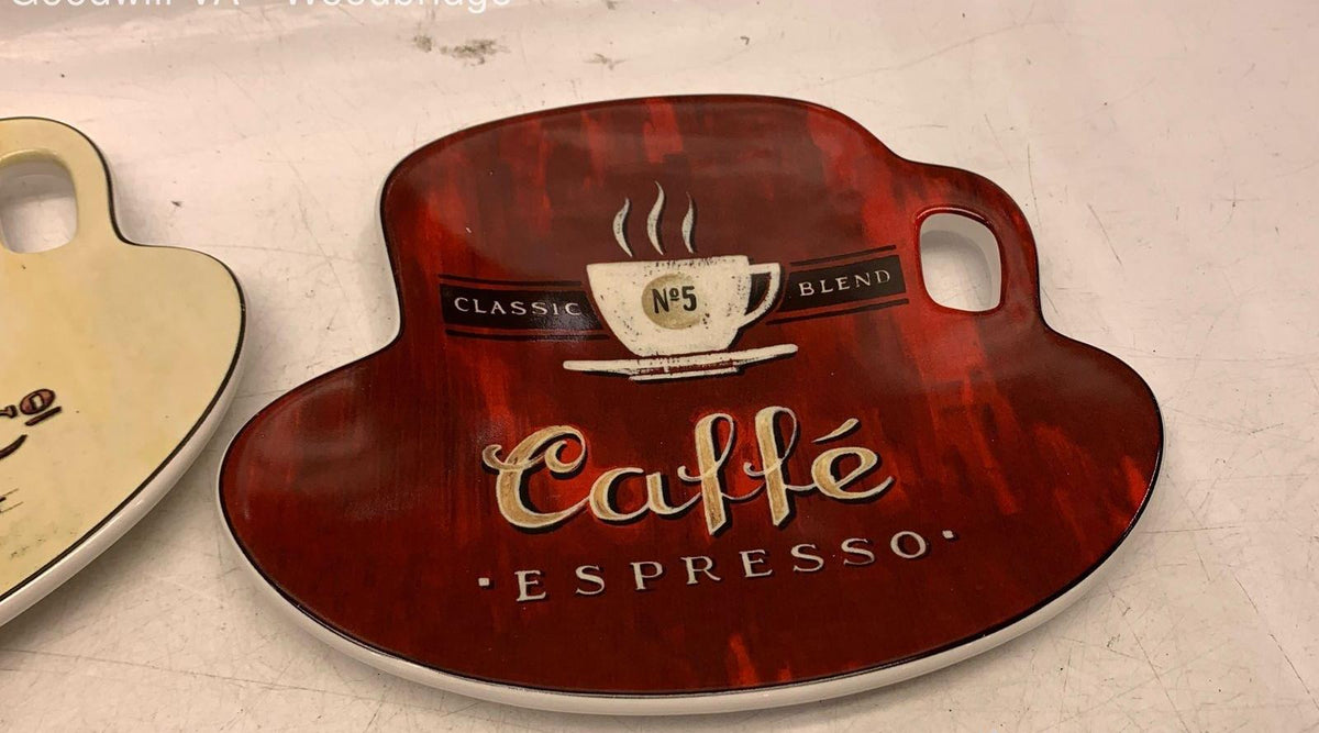 Four coffee cup-shaped earthenware snack trays with cafe lettering, view 3