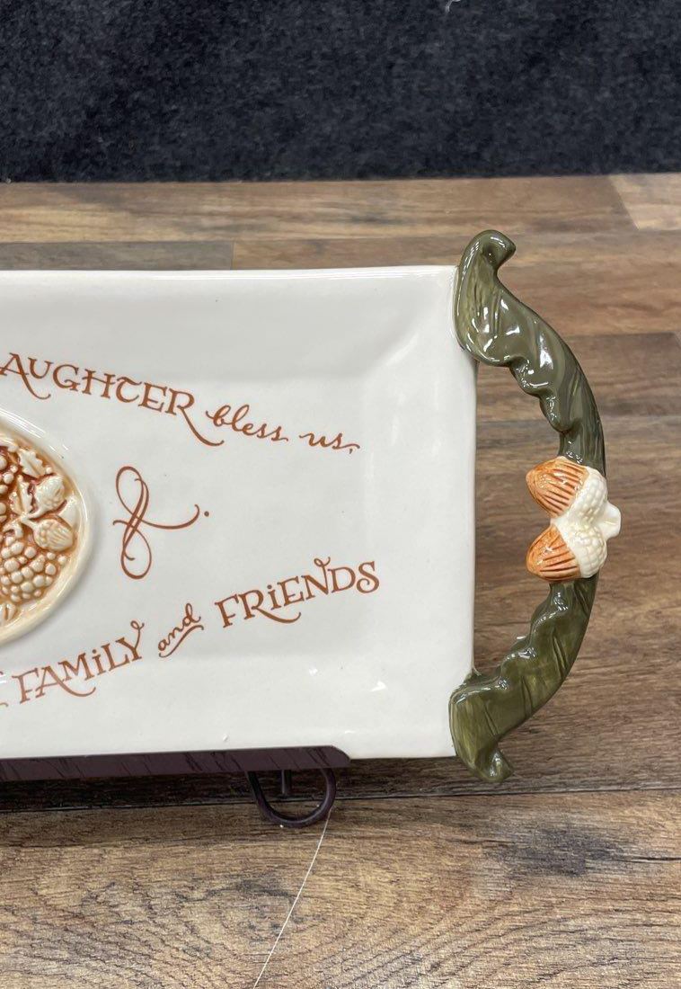 Traditions by Amscan Harvest Blessing Ceramic Serving Tray 17" with Stand, 2-Piece Set