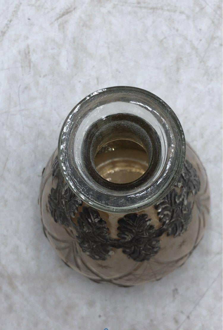 Vintage German Smoky Cut Glass Decanter with Silver Overlay | Heavy Decorative Bottle