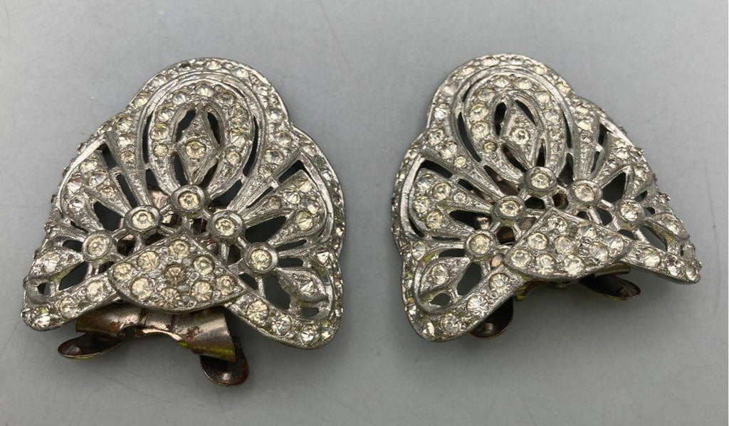 Vintage Holfast Art Deco Rhinestone Pavé Fan Shoe Clips / Dress Clips Pair