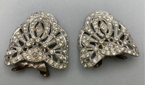 1930s Holfast Art Deco Rhinestone Pavé Fan Shoe Clips, Signed Matching Pair