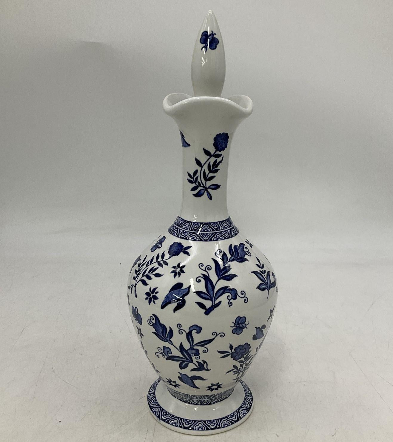 Vintage Coalport 11.5" Blue & White Floral Print Porcelain Decanter Bottle