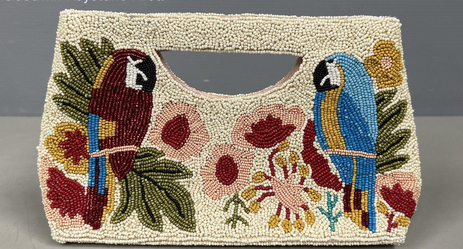 America & Beyond White Beaded Parrot Macaw Tropical Floral Satchel Handbag Chain