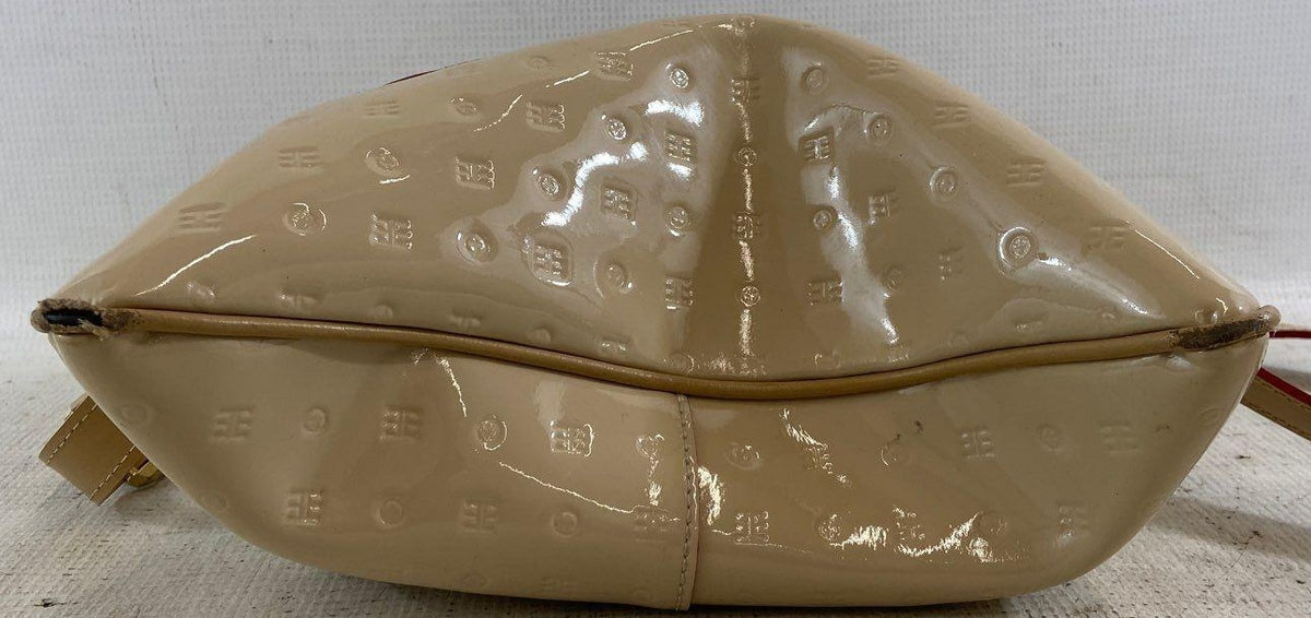 Arcadia cream patent leather sling bag with flap front and gold-tone brand plate, view 2