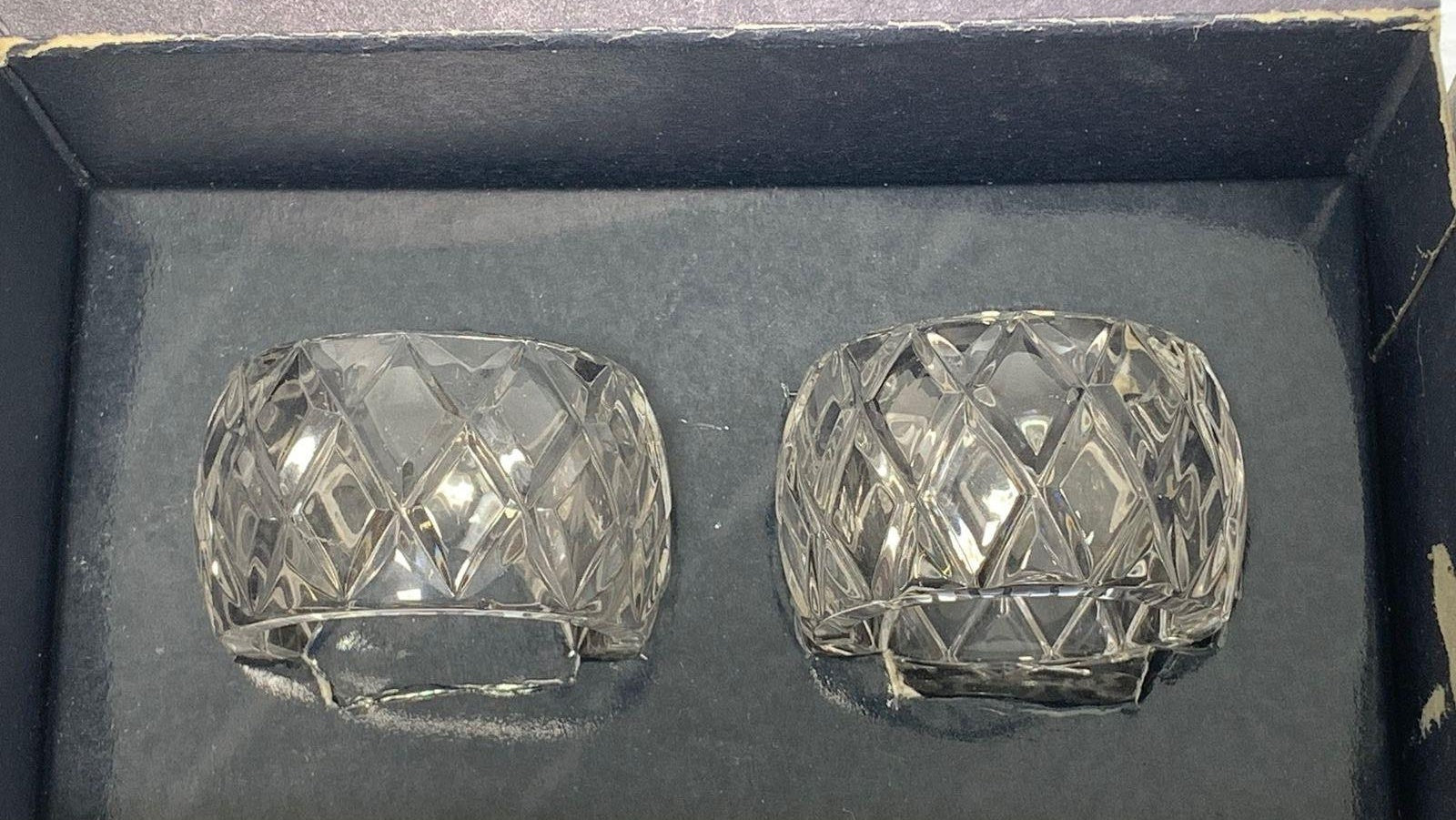Atlantis Crystal Napkin Rings Set of 2, Vintage Diamond-Cut Glass Tableware in Original Box