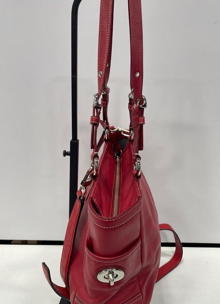 Coach Chili Red Leather Convertible Tote Crossbody Bag, Pebbled Shoulder Satchel with Strap