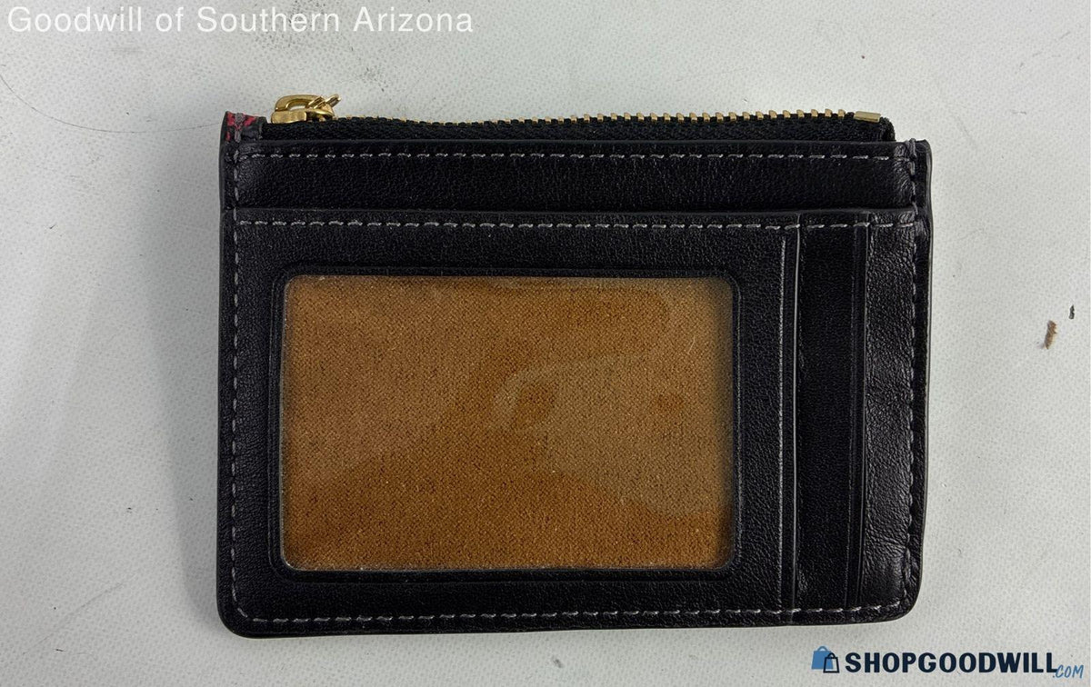 Coach red, black and tan tartan coin purse with black trim and ID window, view 2