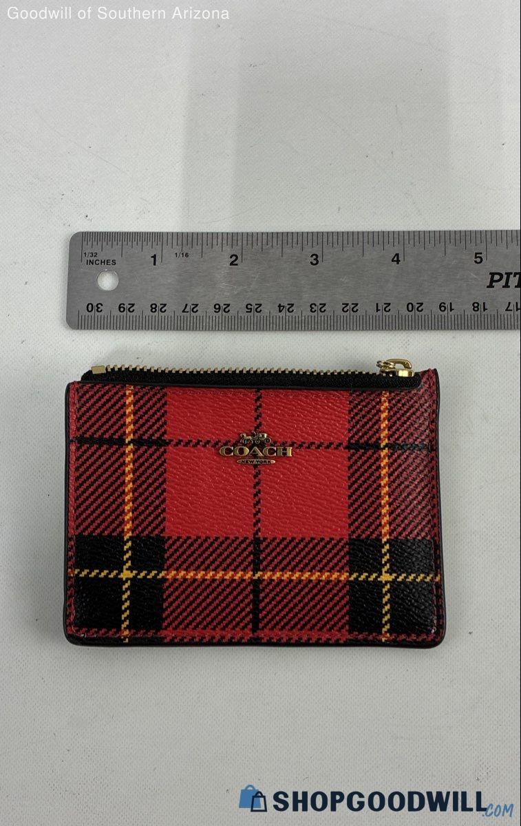 Coach red, black and tan tartan coin purse with black trim and ID window, view 7