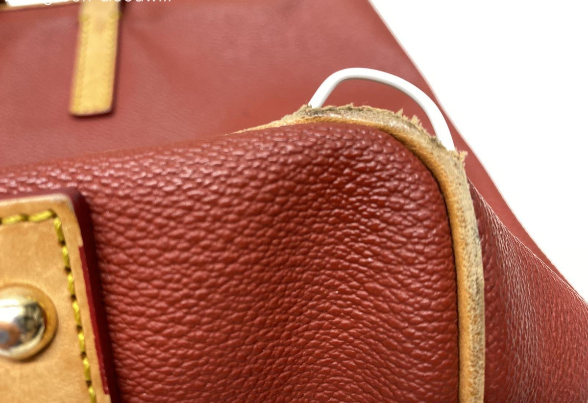 Dooney and Bourke red pebbled leather tote with tan trim, sold for repair or parts, view 3