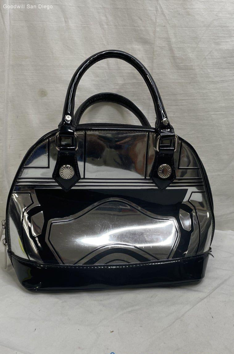Black patent and silver dome satchel with Darth Vader-inspired design and top handles, view 3