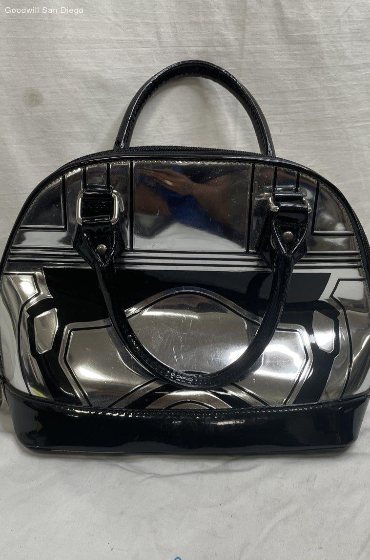 Black patent and silver dome satchel with Darth Vader-inspired design and top handles, view 6