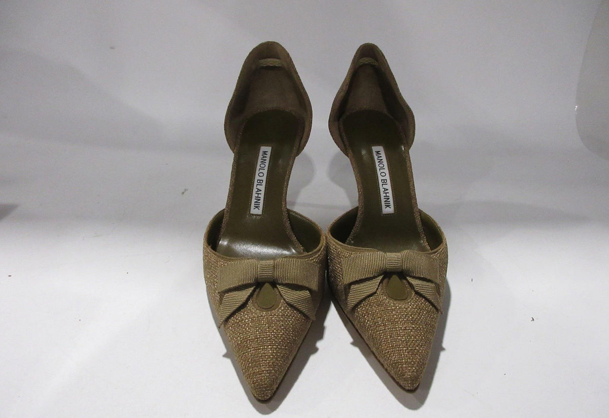 Manolo Blahnik olive satin pointed toe slingback heels, size 38.5, view 8